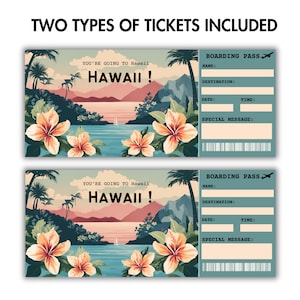 Puede incluir: Dos billetes de embarque imprimibles con un tema tropical hawaiano. Los billetes tienen un fondo azul con palmeras, flores y una puesta de sol sobre el oc&eacute;ano. El texto en los billetes dice "You're going to Hawaii! Hawaii!" y "Boarding Pass".