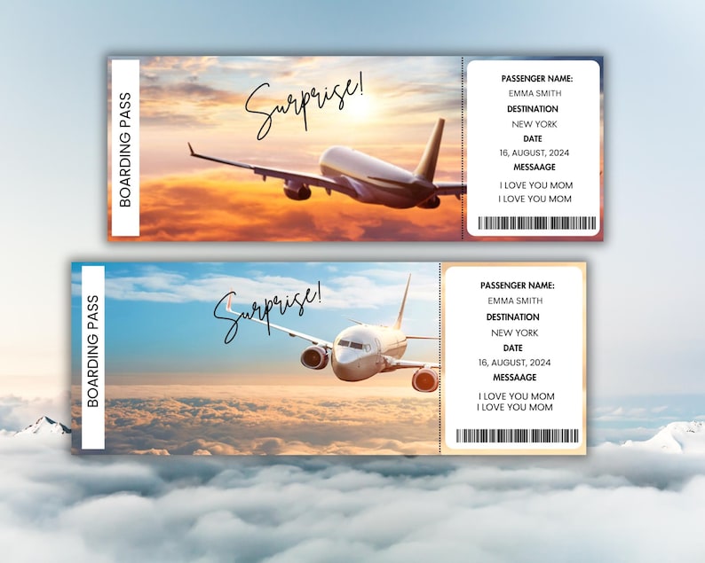 Puede incluir: Dos tarjetas de embarque con un avi&oacute;n en el cielo y la palabra "&iexcl;Sorpresa!" escrita en ellas. Las tarjetas tienen el texto "Nombre del pasajero: Emma Smith, Destino: Nueva York, Fecha: 16 de agosto de 2024, Mensaje: Te quiero mam&aacute;, Te quiero mam&aacute;".