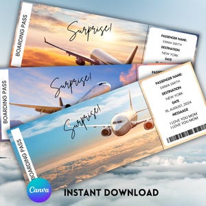 Puede incluir: Tres tarjetas de embarque imprimibles con un fondo de cielo azul, blanco y naranja. Las tarjetas tienen el texto "&iexcl;Sorpresa!" y una imagen de un avi&oacute;n. El texto en la tarjeta de embarque incluye "Nombre del pasajero: Emma Smith", "Destino: Nueva York", "Fecha: 16 de agosto de 2024" y "Mensaje: Te amo mam&aacute;".