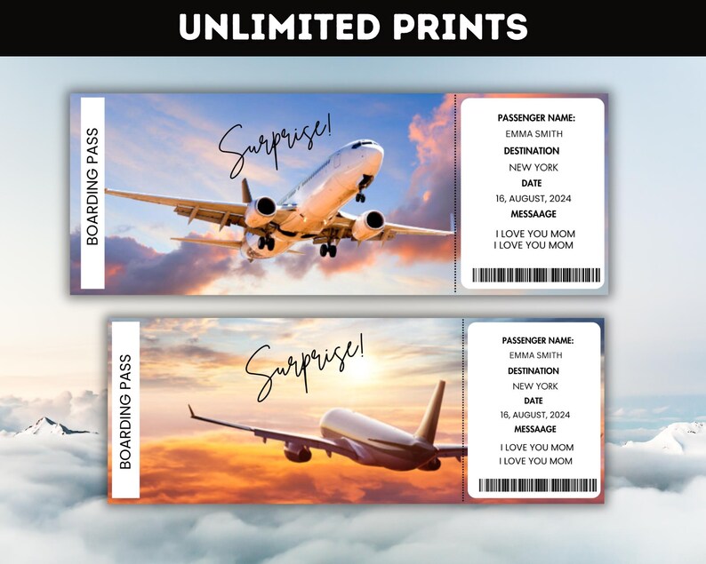 Puede incluir: Dos tarjetas de embarque imprimibles con un fondo de cielo de puesta de sol y un avi&oacute;n volando en el cielo. El texto en la tarjeta de embarque dice "&iexcl;Sorpresa!" e incluye el nombre del pasajero, el destino, la fecha y el mensaje. El mensaje dice "Te amo mam&aacute;".