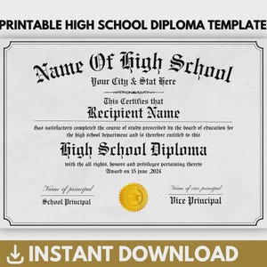 Könnte beinhalten: Druckbare Vorlage für ein High-School-Diplom mit verziertem Text. Das Dokument enthält Felder für den Schulnamen, den Namen des Empfängers und das Datum der Auszeichnung. Der Text "SOFORT-DOWNLOAD" befindet sich unten. Das Canva-Logo befindet sich oben rechts.