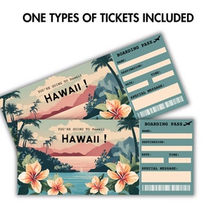 Puede incluir: Dos plantillas de tarjetas de embarque imprimibles con un tema tropical hawaiano. Las tarjetas tienen un fondo azul con texto blanco y una escena de palmera y oc&eacute;ano. El texto en las tarjetas dice "You're going to Hawaii! Hawaii!"