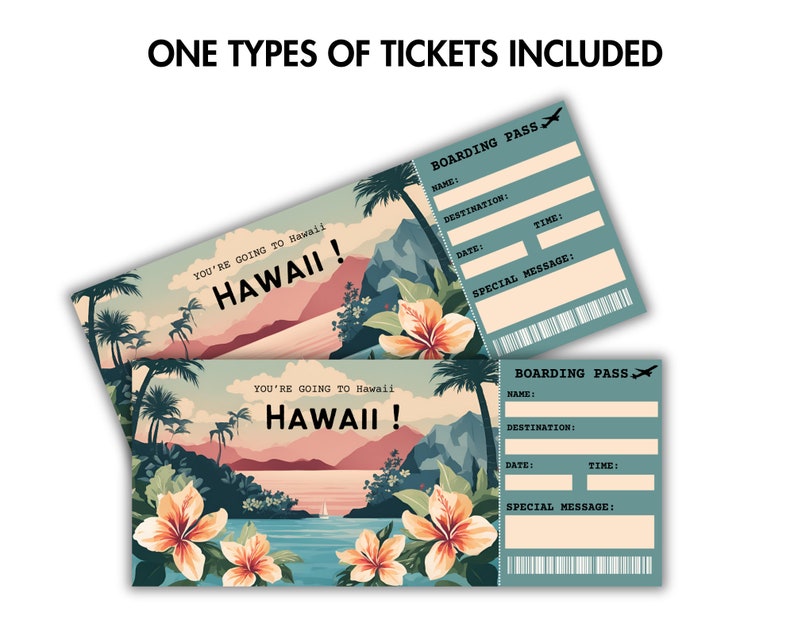 Puede incluir: Dos plantillas de tarjetas de embarque imprimibles con un tema tropical hawaiano. Las tarjetas tienen un fondo azul con texto blanco y una escena de palmera y oc&eacute;ano. El texto en las tarjetas dice "You're going to Hawaii! Hawaii!"