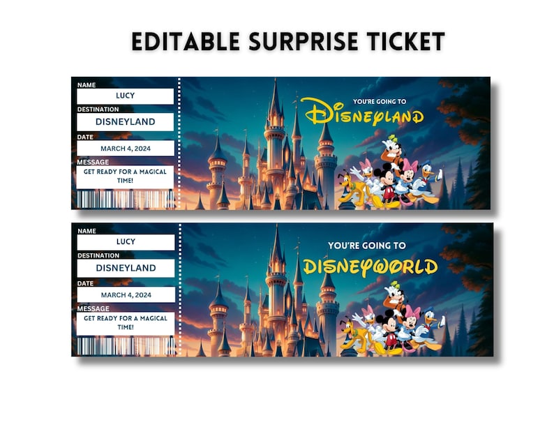 Printable Disneyland Surprise Ticket Template, Disneyworld Ticket, Surprise Reveal Gift, Theme Park Ticket, Canva Editable, Digital Download image 5