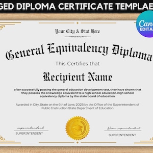Printable GED Diploma Template, High School Diploma, School Equivalency Diploma, Editable Diploma Replica Template, Digital Download