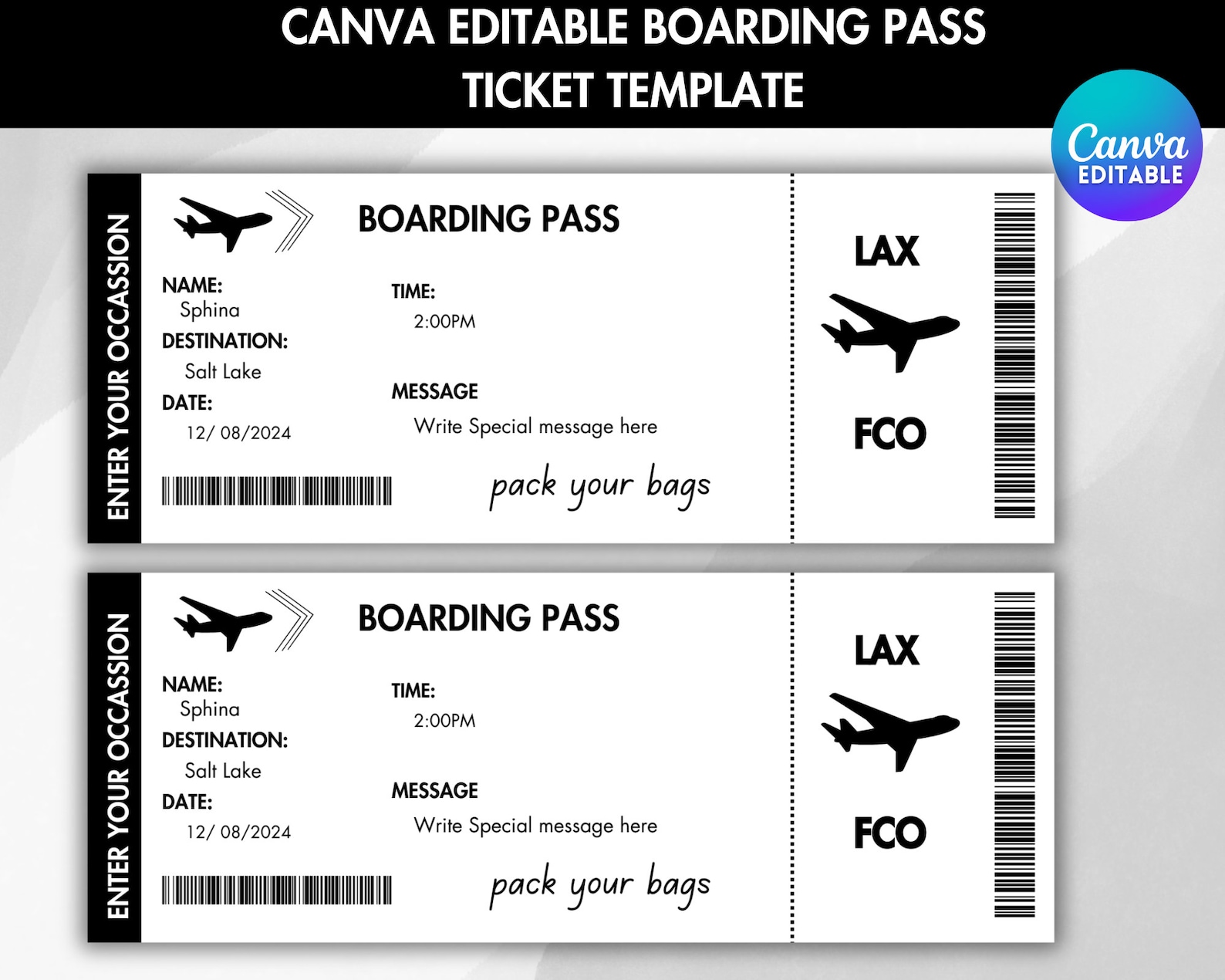 Editable Boarding Pass Template: Personalized Airline Ticket (digital