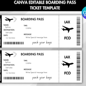 Modèle modifiable de carte d'embarquement, billet d'avion personnalisé imprimable, carte d'embarquement Canva, téléchargement numérique, billet de carte d'embarquement bricolage