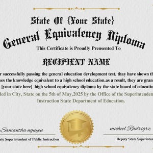 Op de afbeelding: Een General Equivalency Diploma-certificaat met sierlijke gouden randen en tekst. Het certificaat bevat de tekst "State Of [Your State]" en "General Equivalency Diploma". De naam van de ontvanger moet worden toegevoegd.