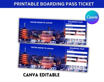May include: Printable boarding pass ticket featuring a Japanese night scene. The ticket includes the text "You're going to Japan!" and "Boarding Pass". The Canva logo is in the upper right corner. The text "Canva Editable" is at the bottom.