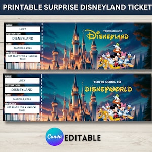 Modello di biglietto a sorpresa Disneyland stampabile, biglietto Disneyworld, regalo di rivelazione a sorpresa, biglietto per il parco a tema, Canva modificabile, download digitale
