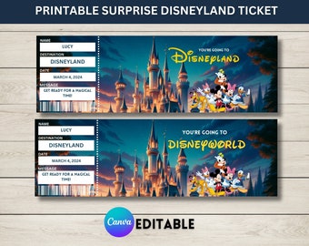 Plantilla imprimible de boleto sorpresa de Disneyland, boleto de Disneyworld, regalo de revelación sorpresa, boleto de parque temático, Canva editable, descarga digital