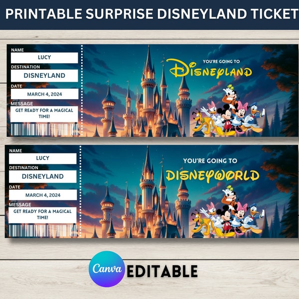 Plantilla imprimible de boleto sorpresa de Disneyland, boleto de Disneyworld, regalo de revelación sorpresa, boleto de parque temático, Canva editable, descarga digital