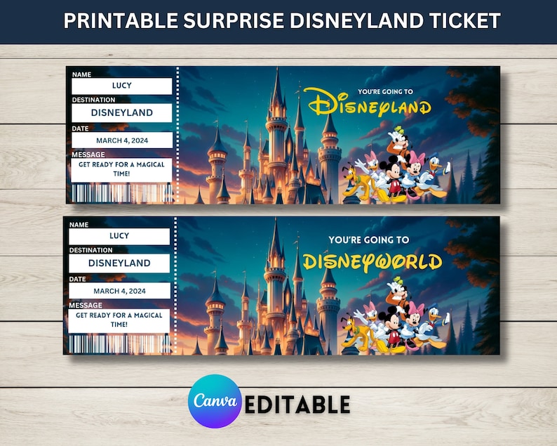 Printable Disneyland Surprise Ticket Template, Disneyworld Ticket, Surprise Reveal Gift, Theme Park Ticket, Canva Editable, Digital Download image 1