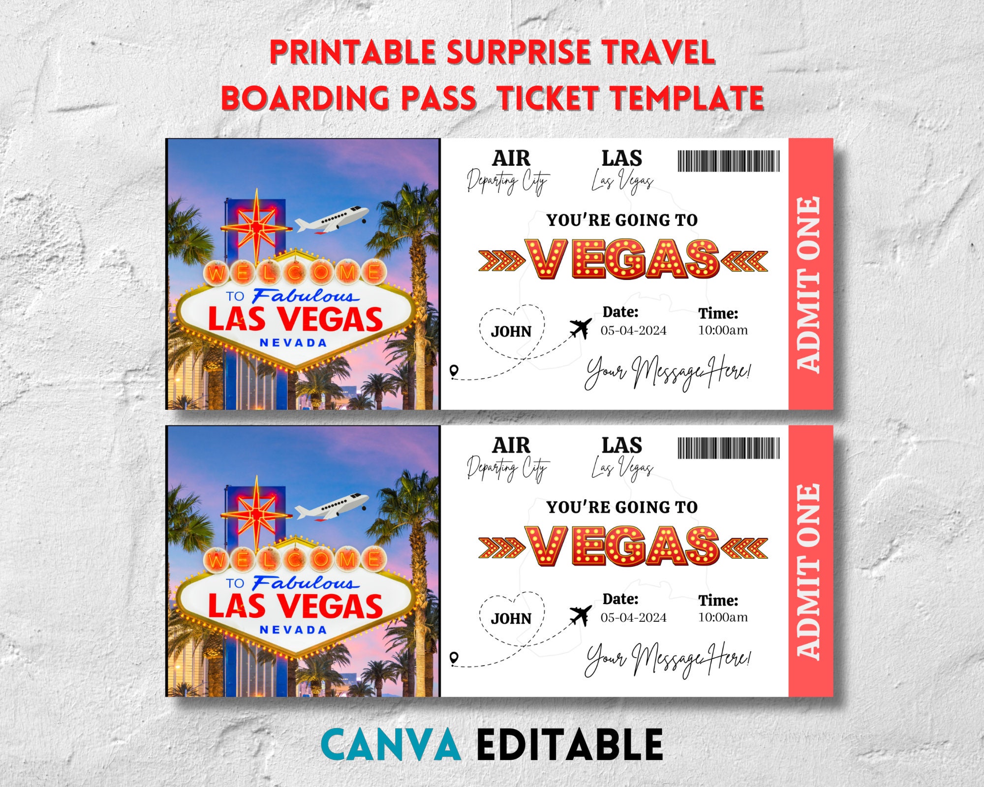 Canva Editable Las Vegas Ticket Template, Vacation Ticket, Surprise Trip Ticket, Printable