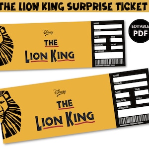 Plantilla editable de entradas de Broadway para El Rey León, entradas imprimibles para teatro musical, entradas para eventos de imitación, recuerdos de recuerdo en PDF, descarga