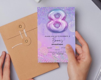 May include: Purple and blue birthday invitation with a large iridescent number eight balloon. The invitation says "Please join us to celebrate Emma's 8th Birthday" with a date and time.