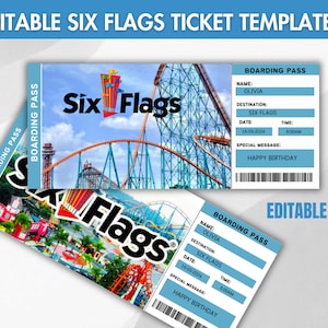 Druckbare Six Flags Überraschungsticket, Bordkarte-Flugticket, Ticketvorlage, Reiseticket, Eintrittskarte, Ticket Pdf, Sofort Download