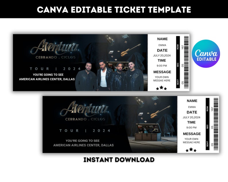 Editable Aventura Ticket Cerrando Ciclos Tour 2024, Personalized Music