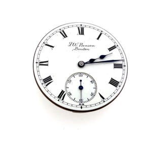 May include: A white pocket watch face with black Roman numerals and hands. The watch face has a smaller subdial at the bottom and the text "J.W. Benson, London" is printed at the top. The watch has a black and silver design.
