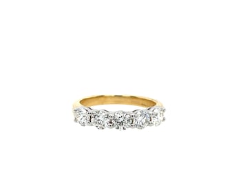May include: A gold band ring featuring five round, clear diamonds set in a row. The ring has a classic design with a polished gold band and sparkling gemstones, suitable for various occasions.