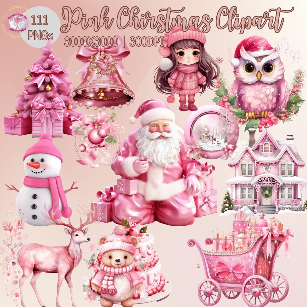 Watercolor Pink Christmas Clipart Bundle PNG Commercial Use Digital ...