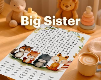 Big Sister Word Search Game | Pregnancy Reveal for Siblings | Printable Baby Announcement | Woodland Animal Activity for Kids