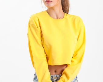 Vivid Yellow Crop Crewneck Sweatshirt: Cozy 100% Cotton Fabric