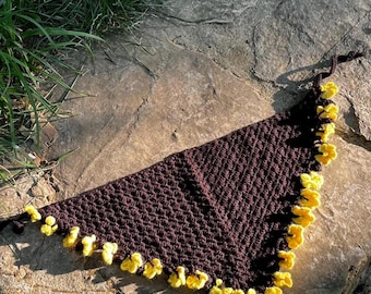 Chocolate Brown Crochet Bandana: Yellow Flower Boho Hair Scarf