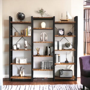 Industrial Bookshelf and Bookcase Double Wide 5 Tier, Large Open Shelves, Wood and Metal Bookshelves for Home Office Furniture