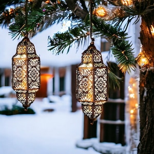 Outdoor Garden Decor: Hanging Solar Lights - Waterproof Metal Moroccan Lanterns for Porch, Backyard, and Garden Ramadan decoration