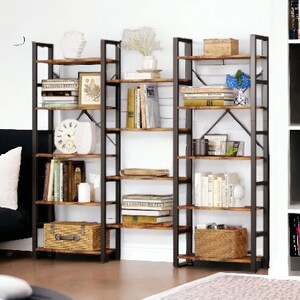 Triple Wide 6-Shelf , 5-Shelf Bookcase Industrial Wood Style Large Open Bookshelves for Home and Office