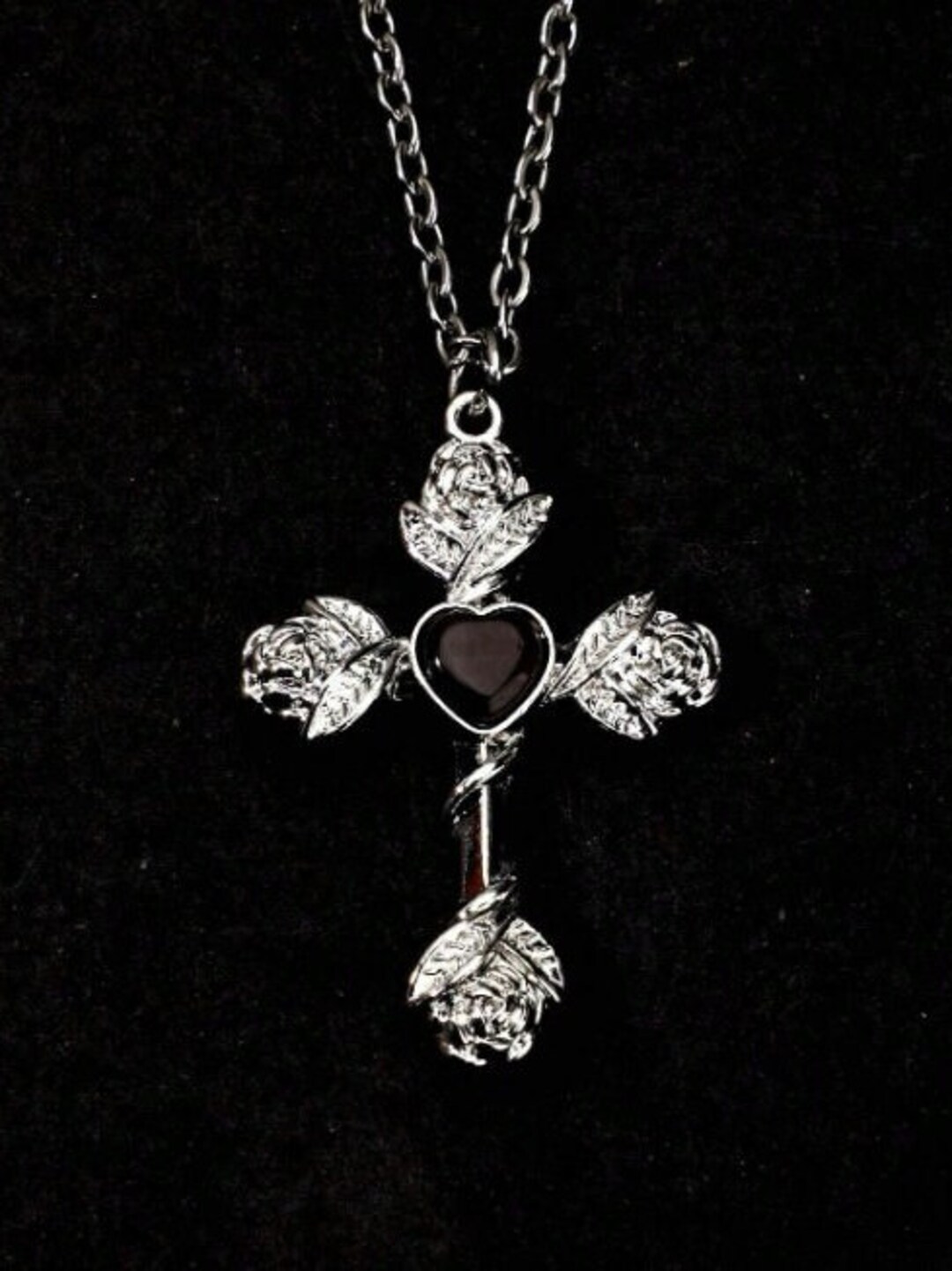 Vintage Goth Rose Flower Cross and Heart Pendant Necklace Etsy
