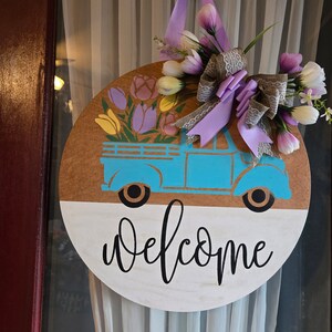 Welcome sign door hanger, Spring Door Hanger, Wall decor, Tulips and Bow, Farm Truck with Tulips, hand painted.