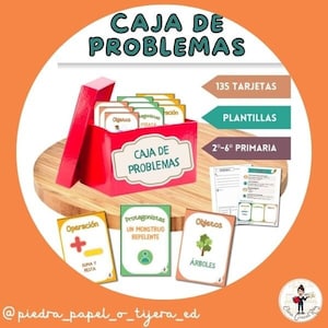 Puede incluir: Una caja roja con el texto "CAJA DE PROBLEMAS" en la parte delantera. La caja está abierta y contiene tarjetas con diferentes categorías, como "Operación", "Protagonistas" y "Objetos". La caja está sobre una superficie de madera. El texto "135 TARJETAS", "PLANTILLAS" y "2°-6° PRIMARIA" es visible en el lado derecho de la imagen.