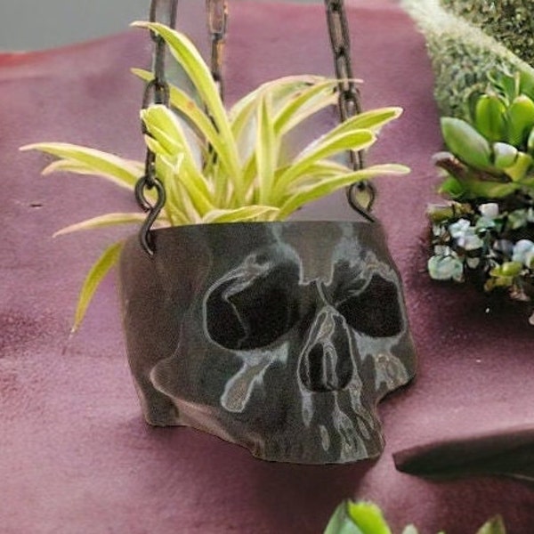 Black Hanging Skull Planter with Chain - Human Skull Plant Pot - Gothic Home - 3D Printed Skull - Spooky Skull - Skull Decoration