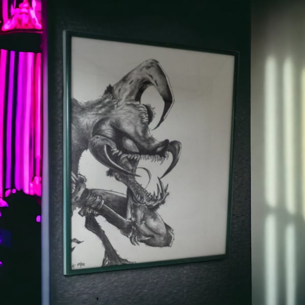 VIOLATOR Graphite and Charcoal on Drawing Paper Freehand SPAWN Inspired 14'' x 11'' Art in Repurposed NIELSEN Green Frame