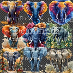 12 Watercolor Forest Elephant PNG Clipart – Hand-Painted Jungle Animal Illustrations for Nursery Decor, Scrapbooking, and DIY Crafts.