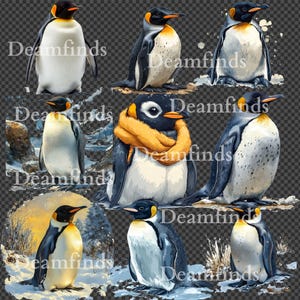 12 PNG Watercolor Emperor Penguin Clipart, Hand-Painted Penguin Images, Winter Penguin Clipart, Animal Illustrations for Invitations.