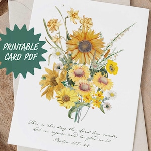 Cartão de aniversário de girassol em aquarela para impressão em PDF Cartão com versículo bíblico digital, para sua mãe, avó, amiga, cristã, escritura encorajadora