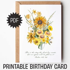 Printable Birthday Sunflower Watercolor Card PDF Digital Bible Verse Card, For Her Mom, Grandma, Friend, Christian, Encouraging Scripture