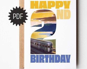Do druku, druga kartka urodzinowa w formacie PDF, cyfrowa kartka urodzinowa dla chłopców z pociągiem, dla syna, wnuka, siostrzeńca, dziecka, retro pojazdy, do pobrania