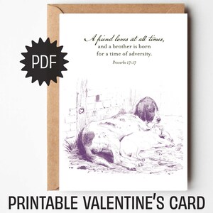 May include: Printable Valentine's card with a dog illustration and a Bible verse. The card features a brown envelope and a black PDF icon. The text reads "A friend loves at all times, and a brother is born for a time of adversity."