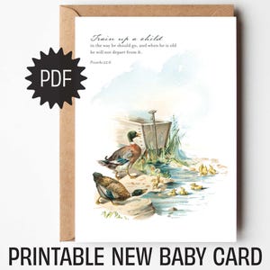 Printable Baby Card, Vintage Ducklings Watercolor PDF Greeting Card, New Baby Shower Digital Download, Bible Verse Printable Card, Scripture