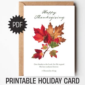 Printable Thanksgiving Card PDF Digital Bible Verse Autumn Greeting Card, Thank You Scripture Give Thanks to the Lord Fall Leaves Download