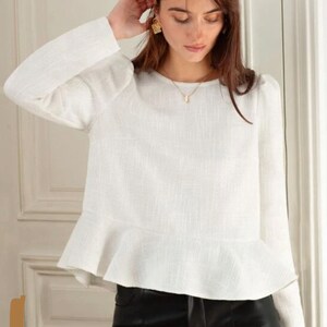 PDF Ruffle Hem Top Sewing Pattern Puff Sleeve Crewneck Blouse Shirt PDFPattern Size XS-XXXL