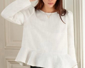 PDF Ruffle Hem Top Sewing Pattern Puff Sleeve Crewneck Blouse Shirt PDFPattern Size XS-XXXL
