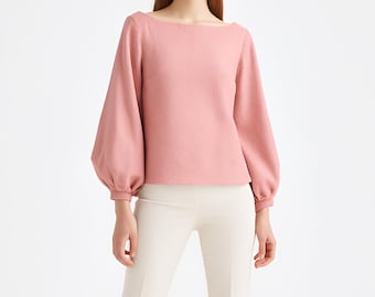 Boat Neck Blouse Sewing Pattern, Long Lantern Sleeves (PDF Pattern)