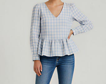 Puff Sleeve Top Sewing Pattern V-neck PDFPattern Long Arm Blouse Pattern Ruffle Hem Shirt