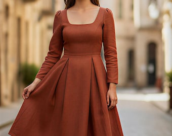 Flared Dress pdf Sewing Pattern Square Neck Puff Sleeve Midi length Pattern Digital PDFPattern