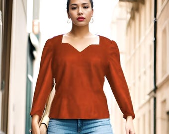 Sweetheart Blouse Pattern PDF Sewing Pattern Long Puff Sleeve Top Shirt PDFPattern Size XS-XXXL